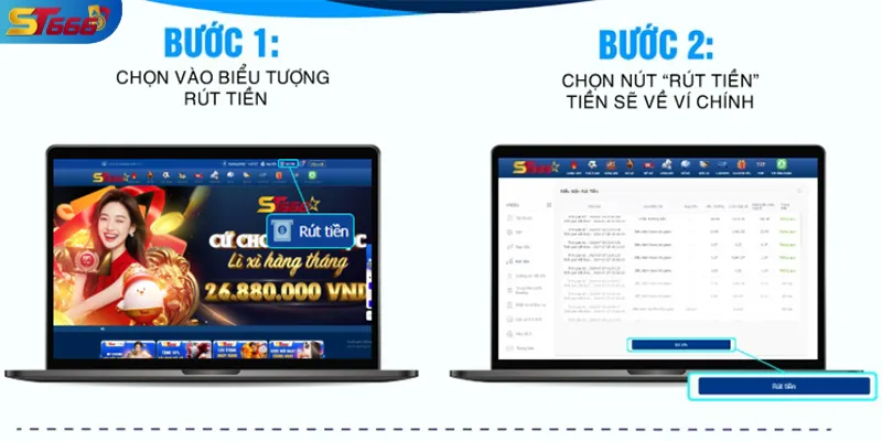 Vị trí nút rút tiền trong giao diện app ST666 trên điện thoại