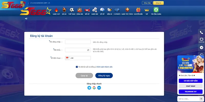 Biểu mẫu đăng ký ST666 thành công trong 1 phút