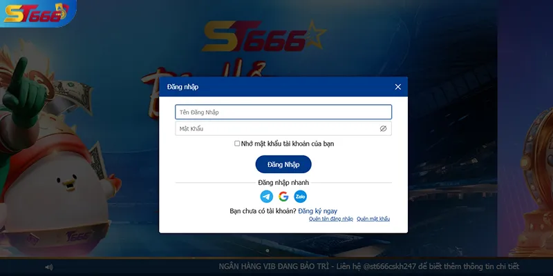 Màn hình giao diện đăng nhập với nút quên mật khẩu ST666