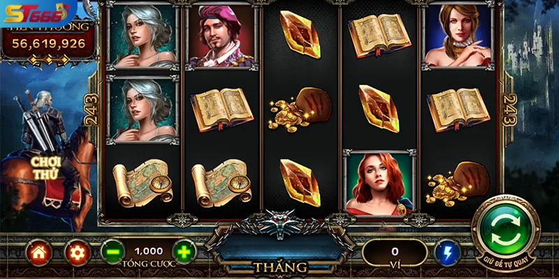 Giao diện quay slot The Witcher tại ST666 với tone màu trung cổ châu Âu