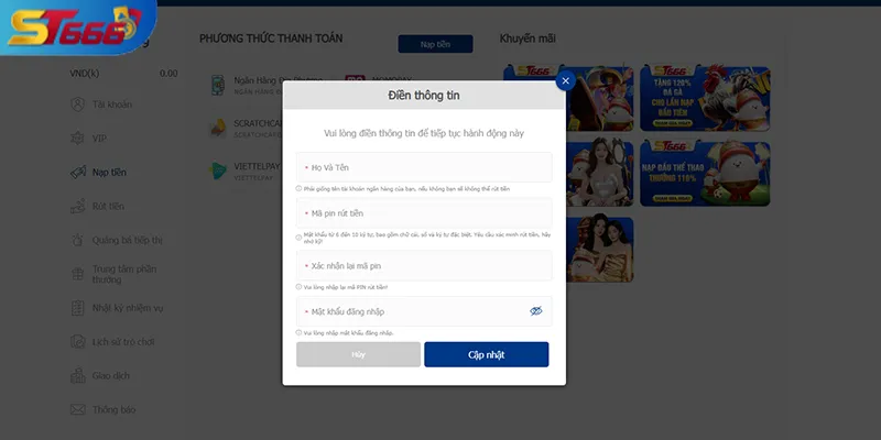 Các kênh nạp tiền ST666 hiển thị rõ ràng trên mọi thiết bị