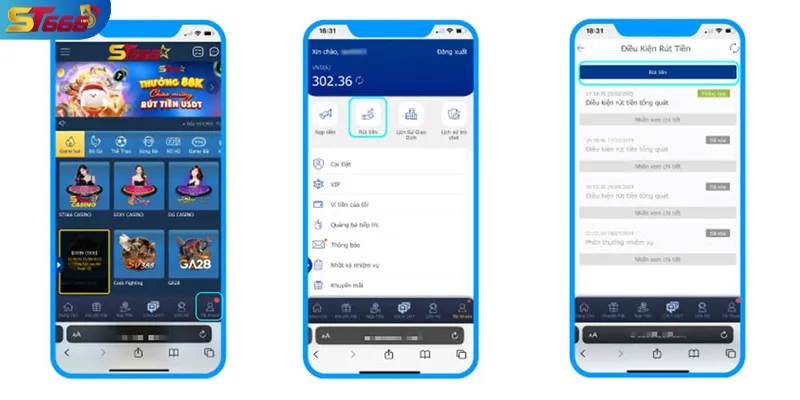 Rút tiền ST666 trên máy tính với lựa chọn ngân hàng và ví USDT